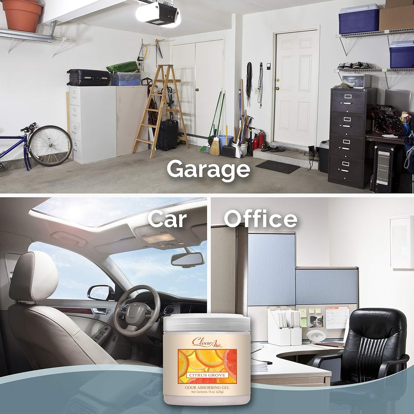 Clear Air Odor Absorber Gel - 15 oz, Pack of 2 - Air Freshener Absorbs and Eliminates Odors in Bathrooms, Cars, Boats, RVs and Pet Areas - Made with Essential Oils - Citrus Grove Scent