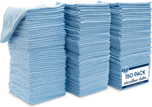S&T INC. 150 Pack Microfiber Cleaning Cloth, Bulk Towels for Home, Reusable Microfiber Towels for Cars, Cleaning Rags, Light Blue, 11.5 Inches x 11.5 Inches, 150 Count
