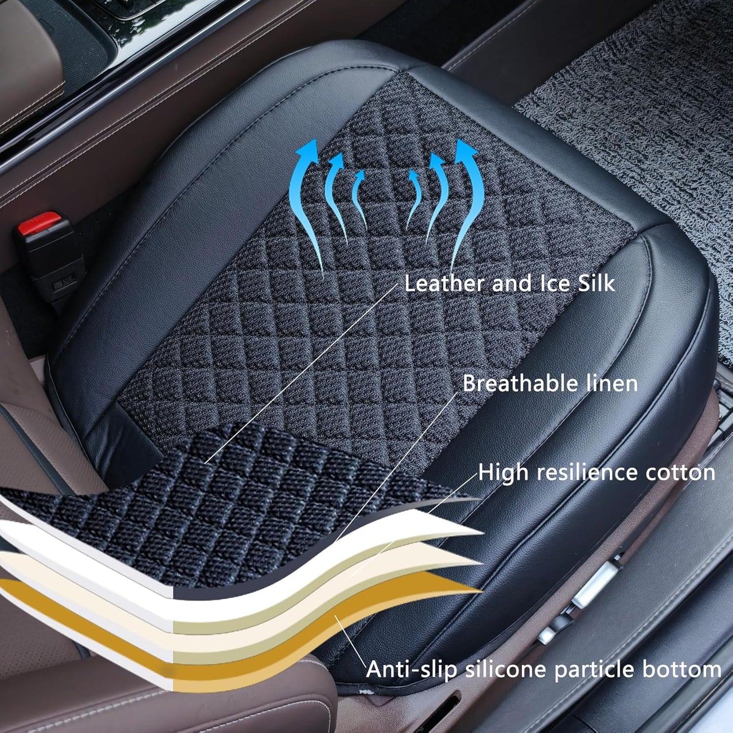Leather Bottom Car Seat Covers,Front Seat Only Black Ice Silk Car Seat Cushion Pad Mat,Ventilated Breathable,Car Seat Protector for Leather Seats (1 Pack Black)