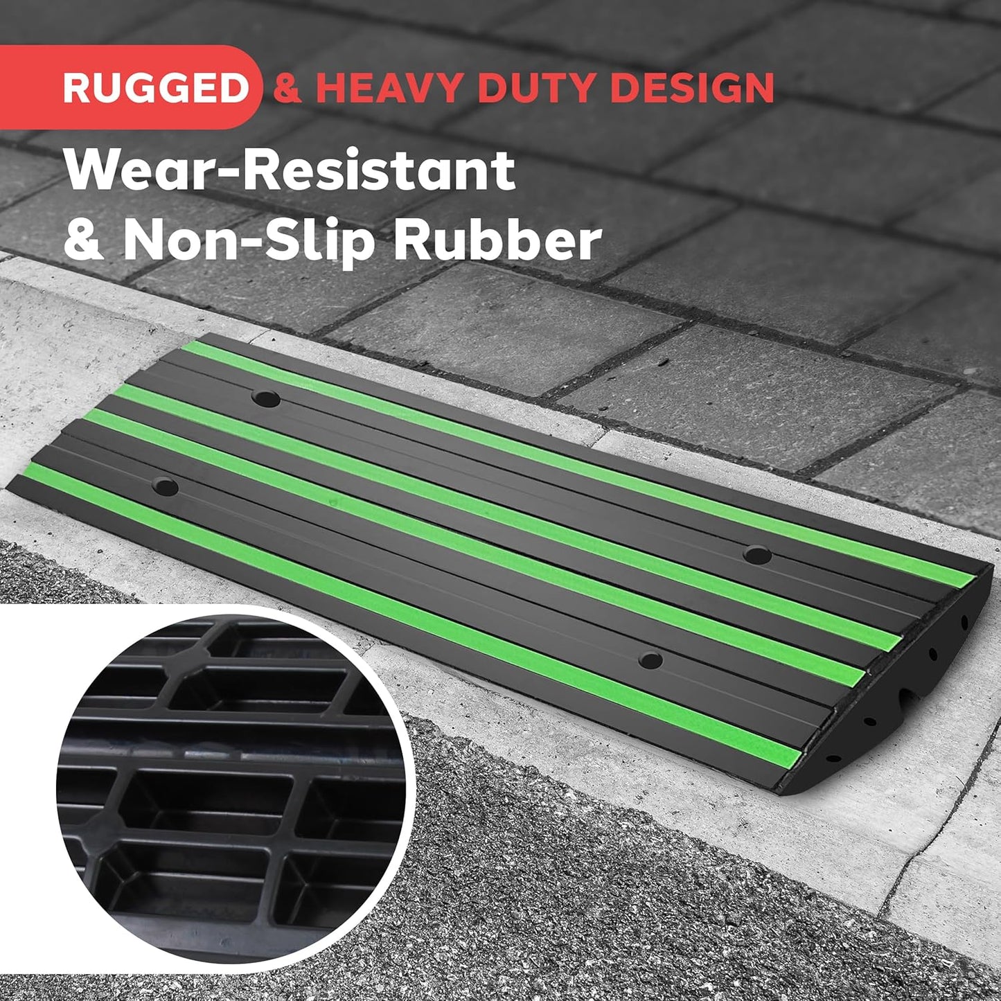 Pyle 4 ft. Rubber Threshold Curb Ramp, Heavy Duty, Non-Slip Car Ramp for Driveways, Garages, and Sidewalks, Green Reflective Strips, Waterproof, with Expansion Screws, 48.0’’x 16.0’’ x 2.6’’ Inch