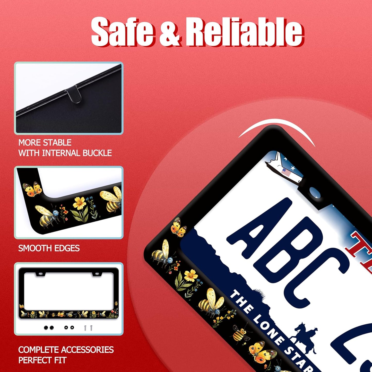 Queen Bee License Plate Frame Beautiful Butterfly Flower License Plate Holder Funny Stainless Steel Accessories Cars Decor with 2 Holes and Screws Fits Standard Us Ca Vehicles 12.2 X 6 Inch