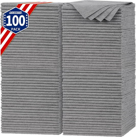 FIXSMITH Shop Towels, Pack of 100, Grey Microfiber Cleaning Cloth Bulk, Microfiber Towels for Cars, All-Purpose Absorbent Cleaning Rags, Dust Cloth for Automotive, Mechanic, Garage, 11.5 x 11.5 inch