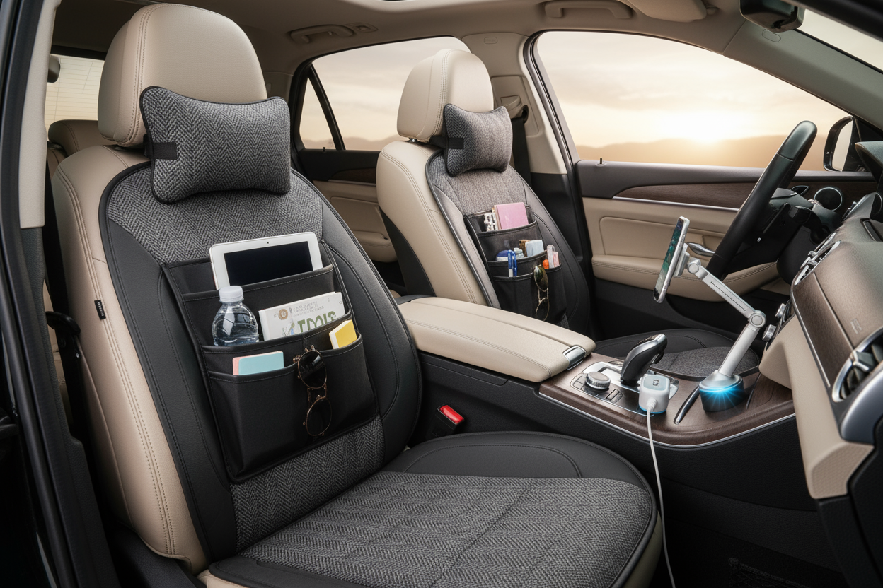 Seat covers, organizers, and tech gadgets that make every drive enjoyable. (make it real photo)